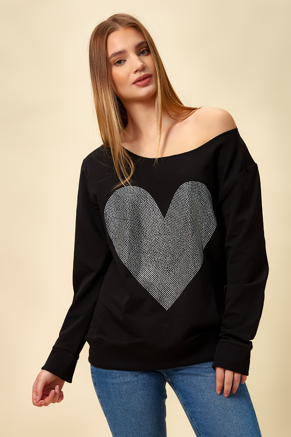 Oversized Heart Sweatshirt with Boat Neckline in Black