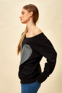 Oversized Heart Sweatshirt with Boat Neckline in Black