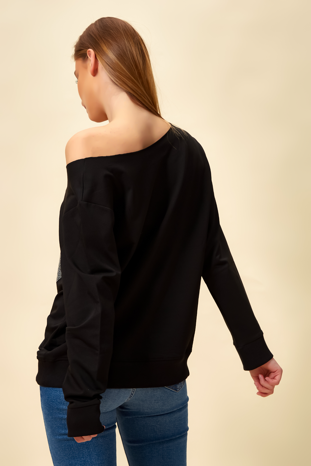 Oversized Heart Sweatshirt with Boat Neckline in Black