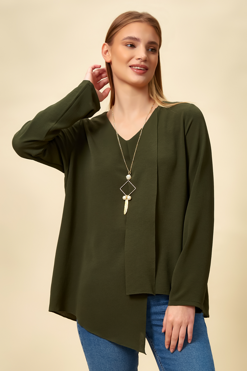 Oversized Asymmetric Top with Necklace in Khaki