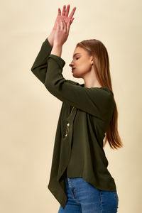 Oversized Asymmetric Top with Necklace in Khaki