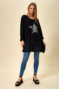 Oversized Star Sequin Tunic Top in Black