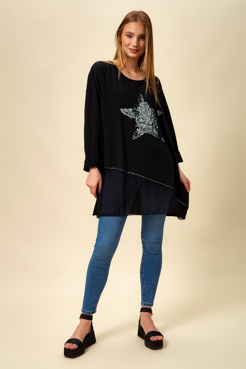 Oversized Star Sequin Tunic Top in Black