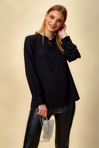 Oversized Tie Ruffle Neck Top in Black