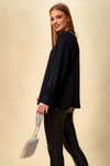 Oversized Tie Ruffle Neck Top in Black