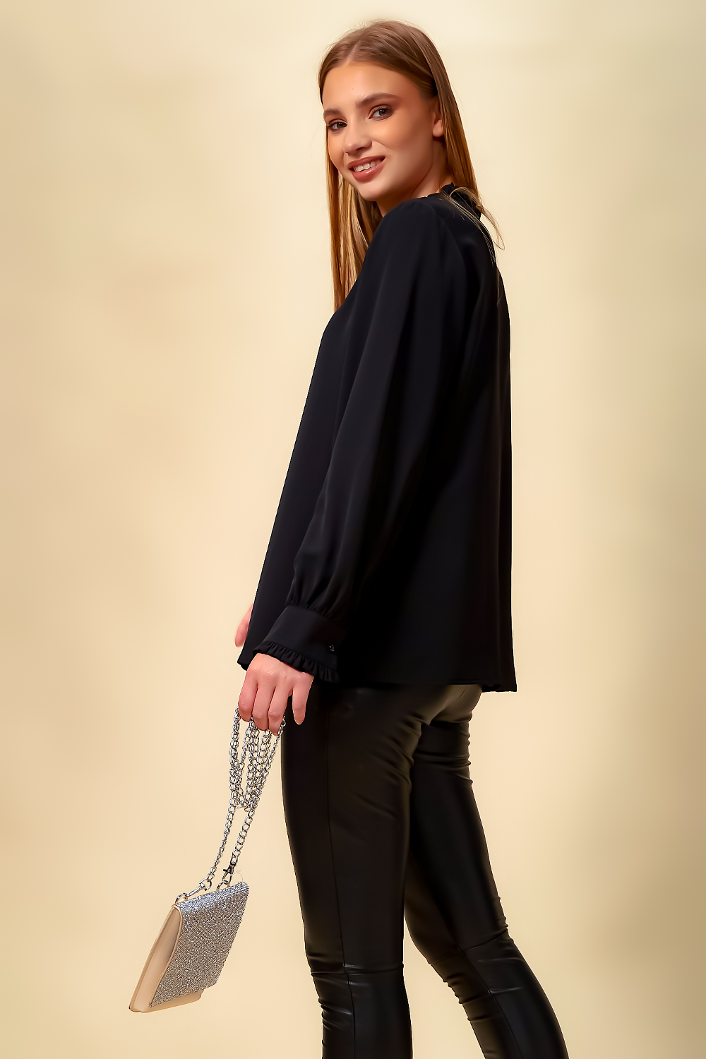 Oversized Tie Ruffle Neck Top in Black