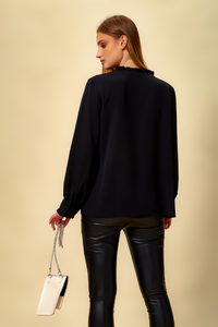Oversized Tie Ruffle Neck Top in Black
