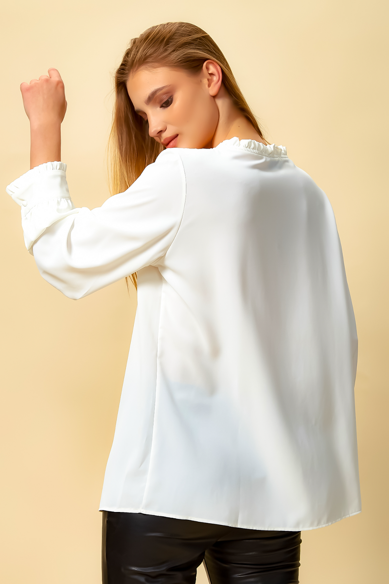 Oversized Tie Ruffle Neck Top in White