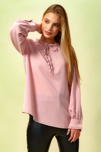 Oversized Tie Ruffle Neck Top in Light Pink