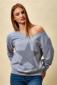 Oversized Star Sweatshirt with Boat Neckline in Grey