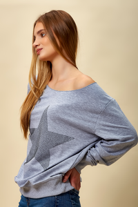 Oversized Star Sweatshirt with Boat Neckline in Grey