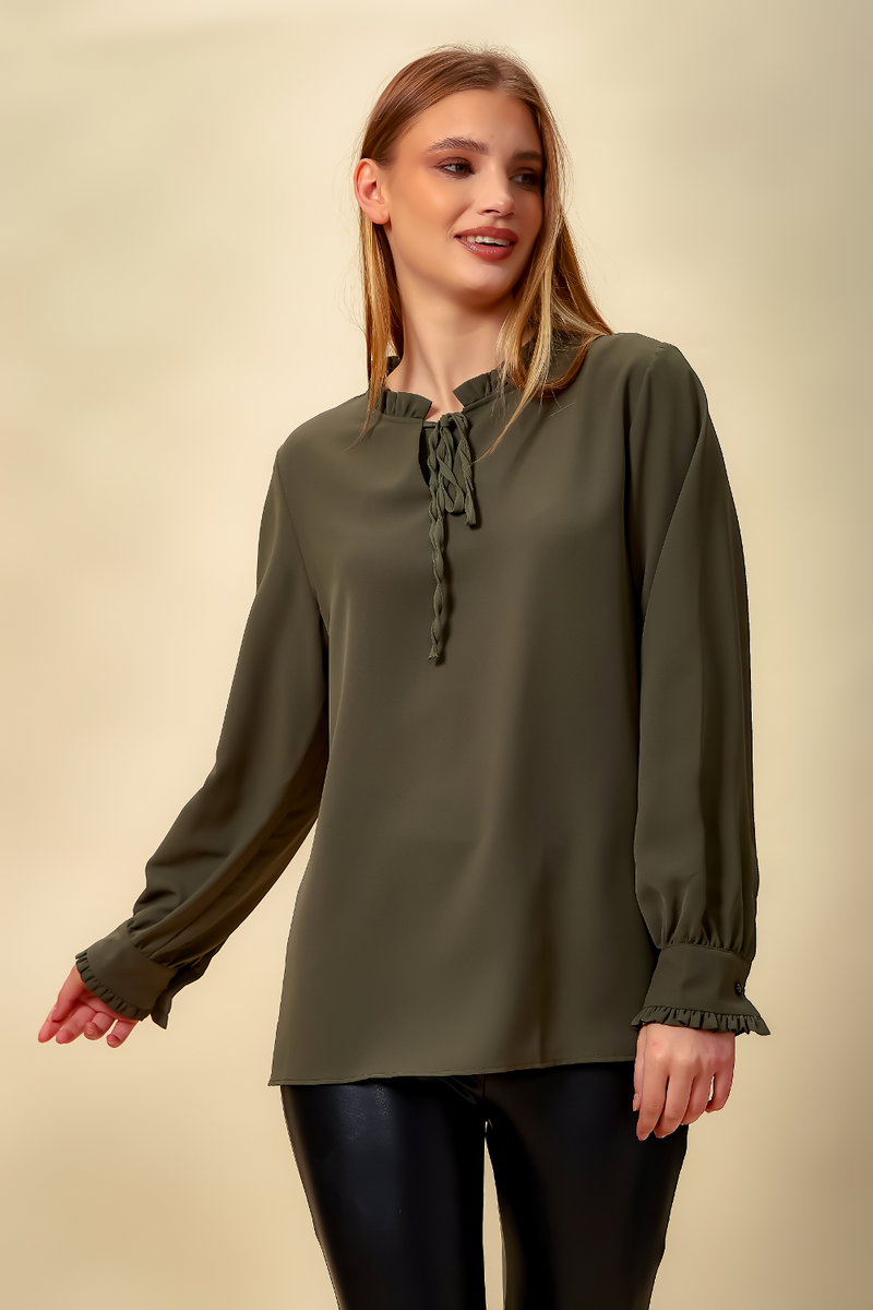 Oversized Tie Ruffle Neck Top in Khaki