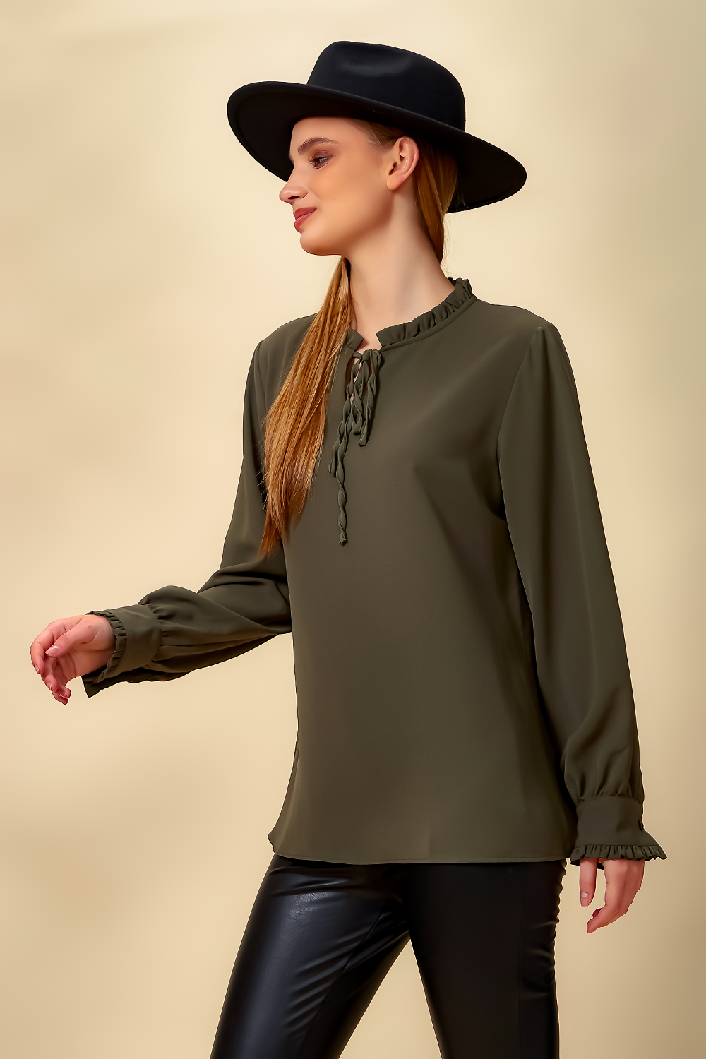 Oversized Tie Ruffle Neck Top in Khaki