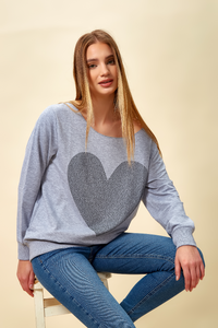 Oversized Heart Sweatshirt with Boat Neckline in Grey