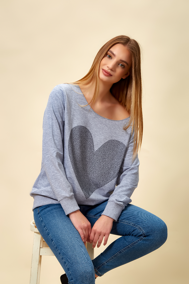 Oversized Heart Sweatshirt with Boat Neckline in Grey