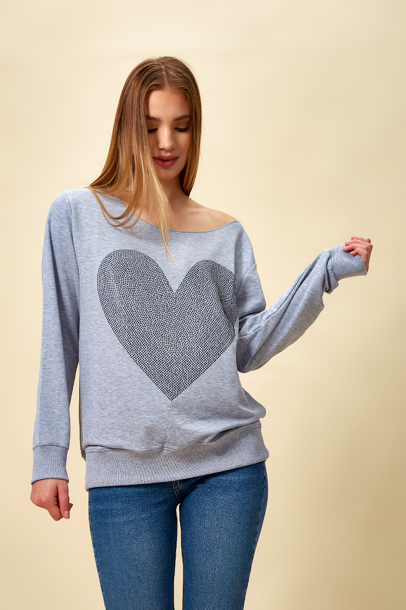 Oversized Heart Sweatshirt with Boat Neckline in Grey
