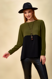 Colour Block Blouse in Khaki and Black