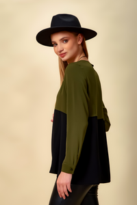 Colour Block Blouse in Khaki and Black