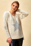 Long Sleeves Relaxed Fit Star Top with V Neck in Cream