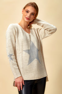 Oversized Long Sleeves Star Top with V Neck in Cream