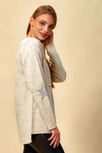 Oversized Long Sleeves Star Top with V Neck in Cream