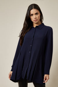 Oversized Long Sleeve Relaxed Pleated Fit Shirt In Navy
