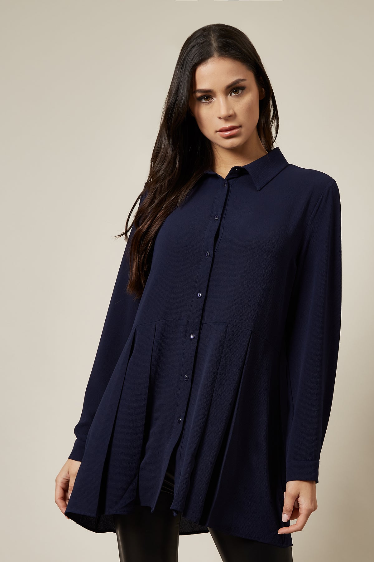 Oversized Long Sleeve Relaxed Pleated Fit Shirt In Navy