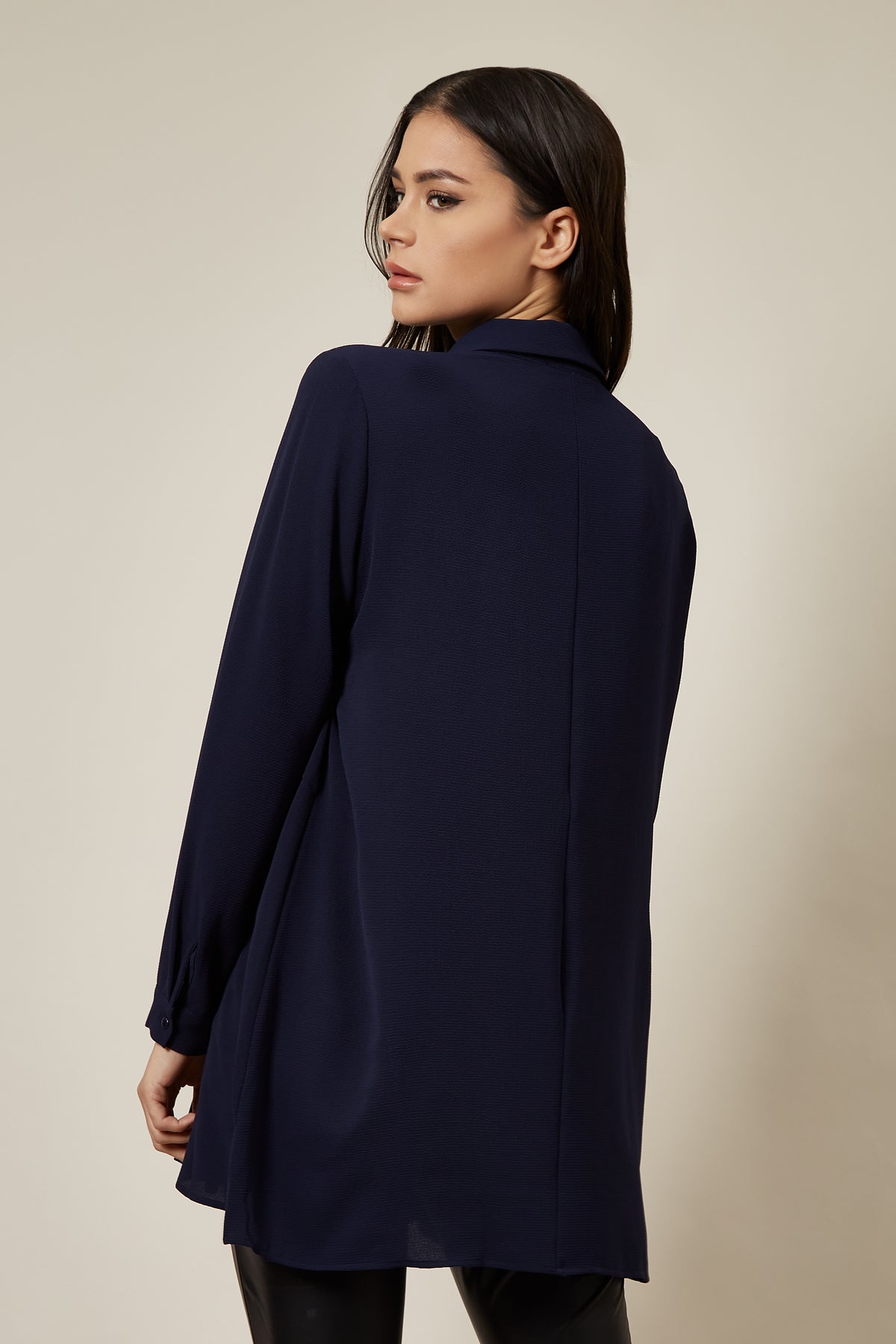 Oversized Long Sleeve Relaxed Pleated Fit Shirt In Navy