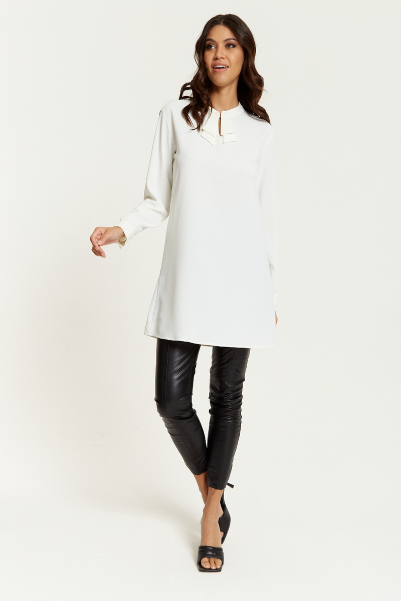 Oversized Long Sleeves Detailed Collar Tunic in White
