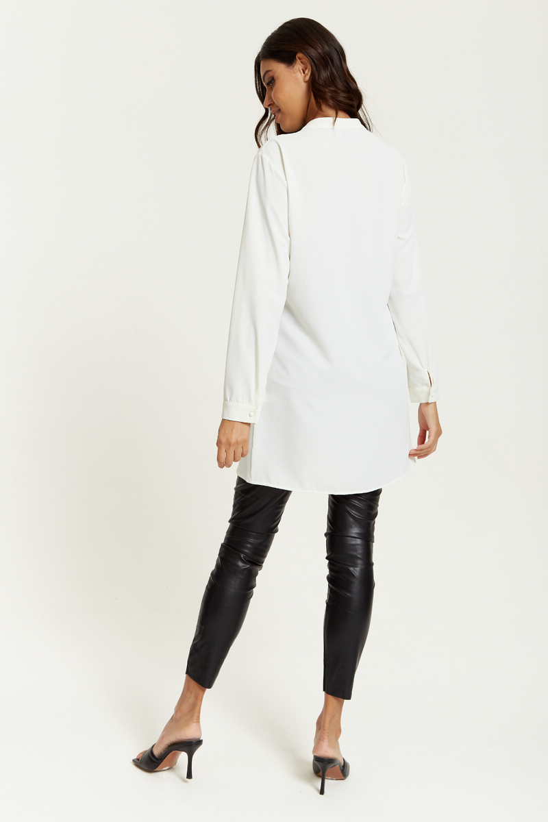Oversized Long Sleeves Detailed Collar Tunic in White