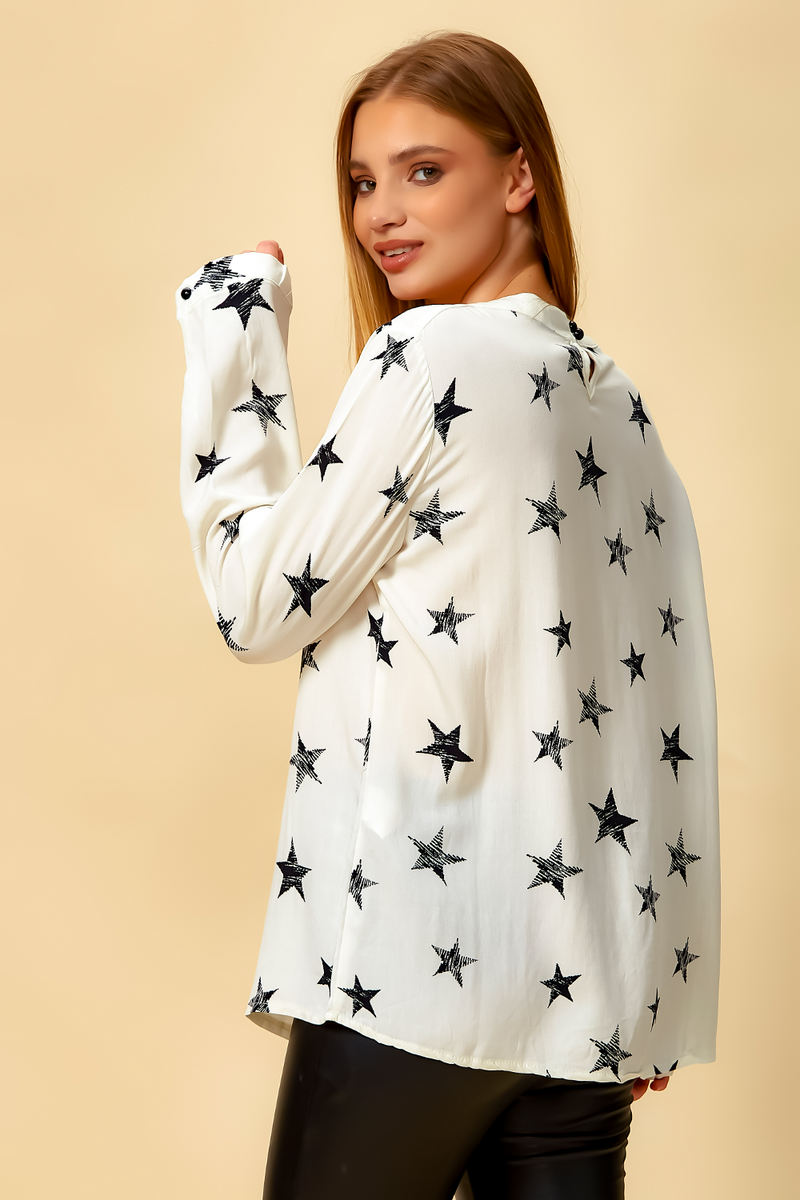 Oversized Star Print Top with Frilled Front in White