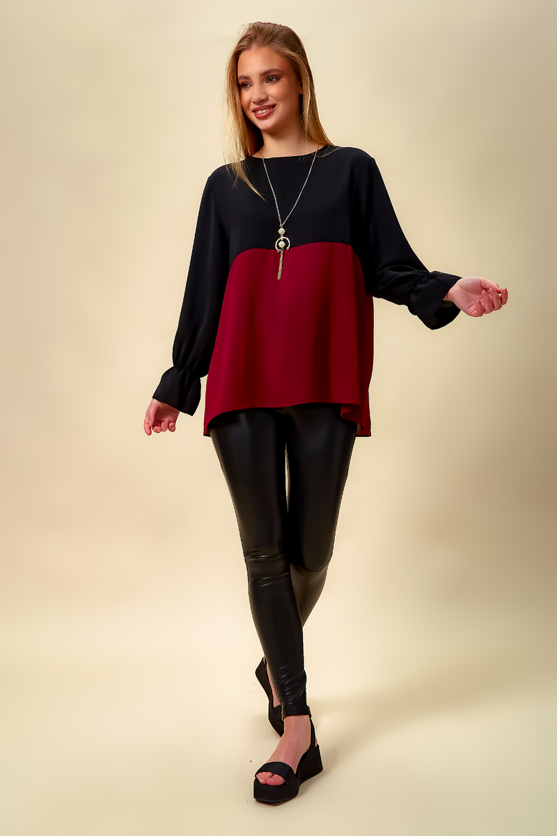 Colour Block Blouse in Black and Burgundy