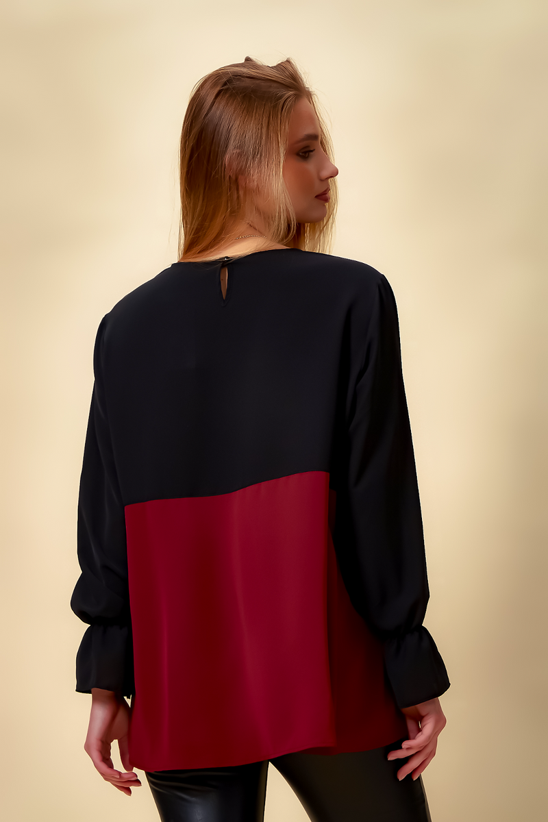 Colour Block Blouse in Black and Burgundy