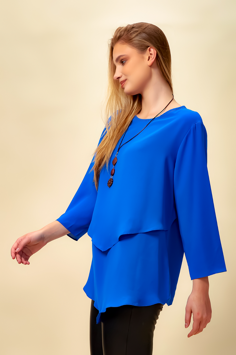 3/4 Sleeve Relaxed Layered Top With Necklace In Blue