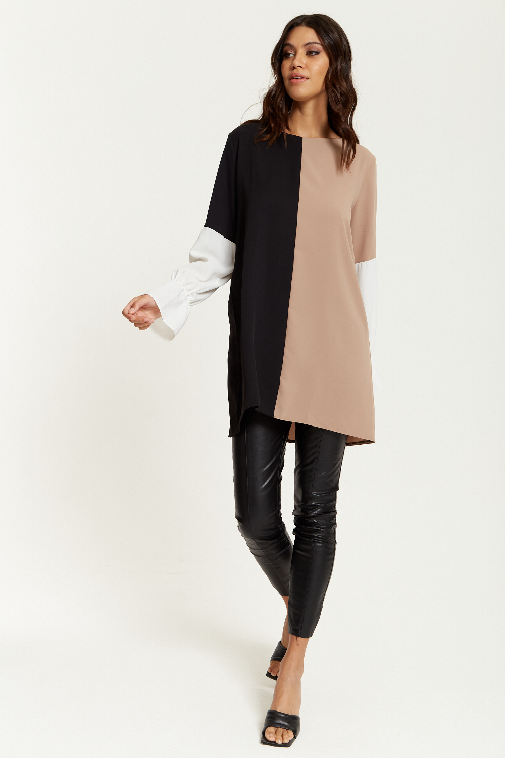 Oversized Colour Block Tunic wirh Detailed Cuffs in Black, Beige and White