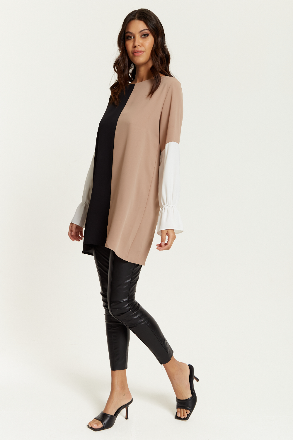 Oversized Colour Block Tunic wirh Detailed Cuffs in Black, Beige and White