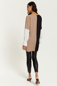 Oversized Colour Block Tunic wirh Detailed Cuffs in Black, Beige and White