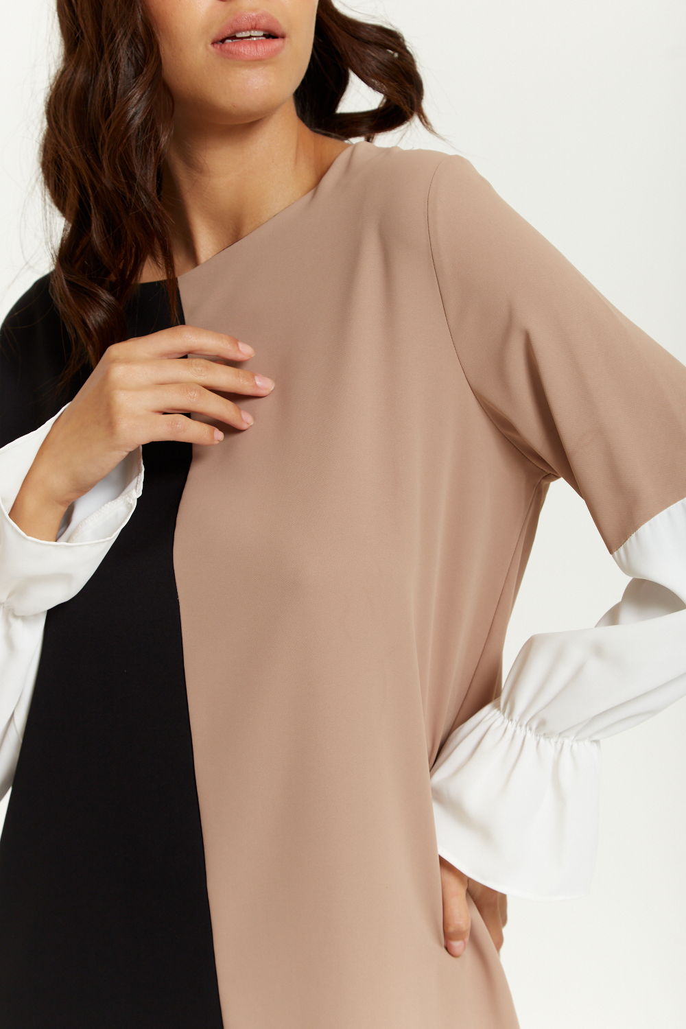Oversized Colour Block Tunic wirh Detailed Cuffs in Black, Beige and White