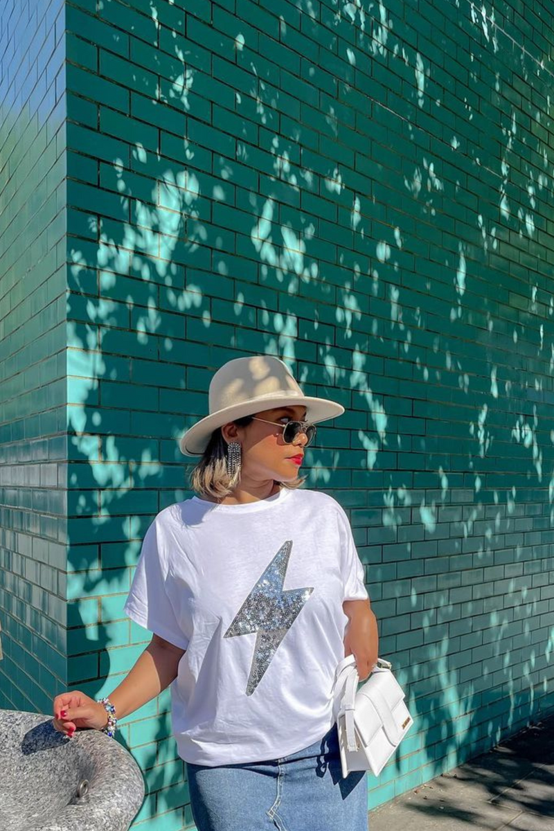 Oversized Sequin Relaxed T Shirt In White