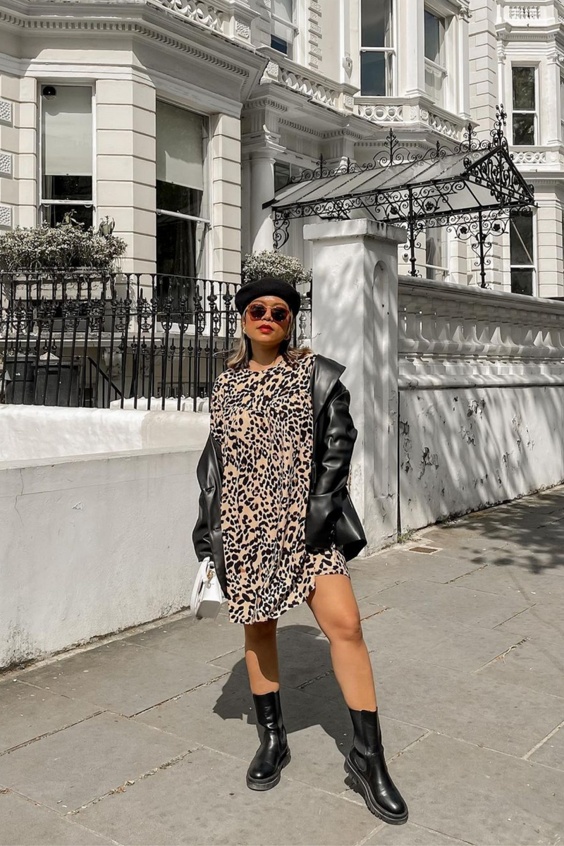 Oversized Dress with Cap Sleeves in Leopard Print