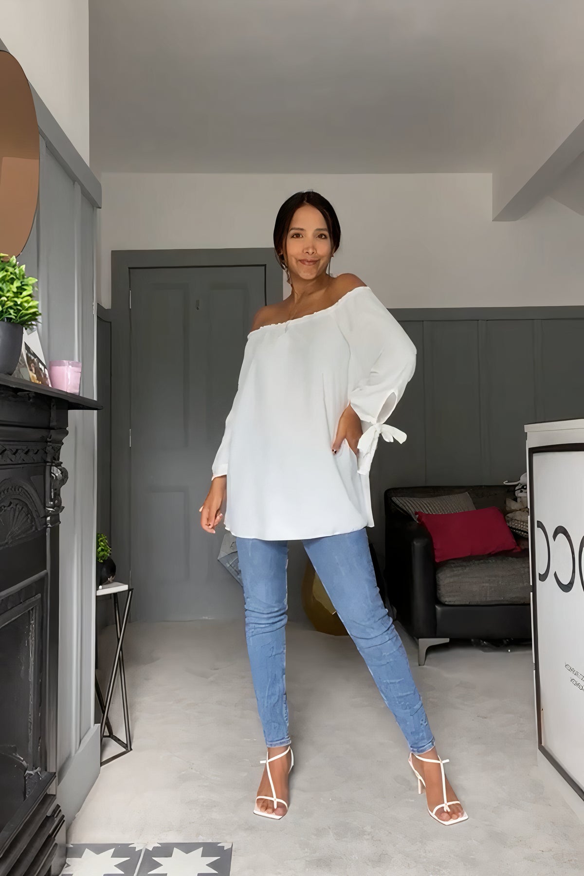 Oversized Off Shoulder Top with Tie Detailed Sleeves in White