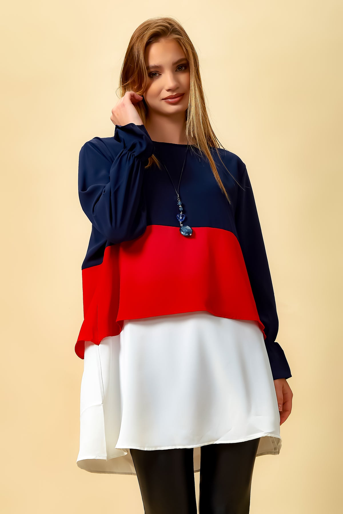 Oversized Colour Block Top in Navy, Red and White