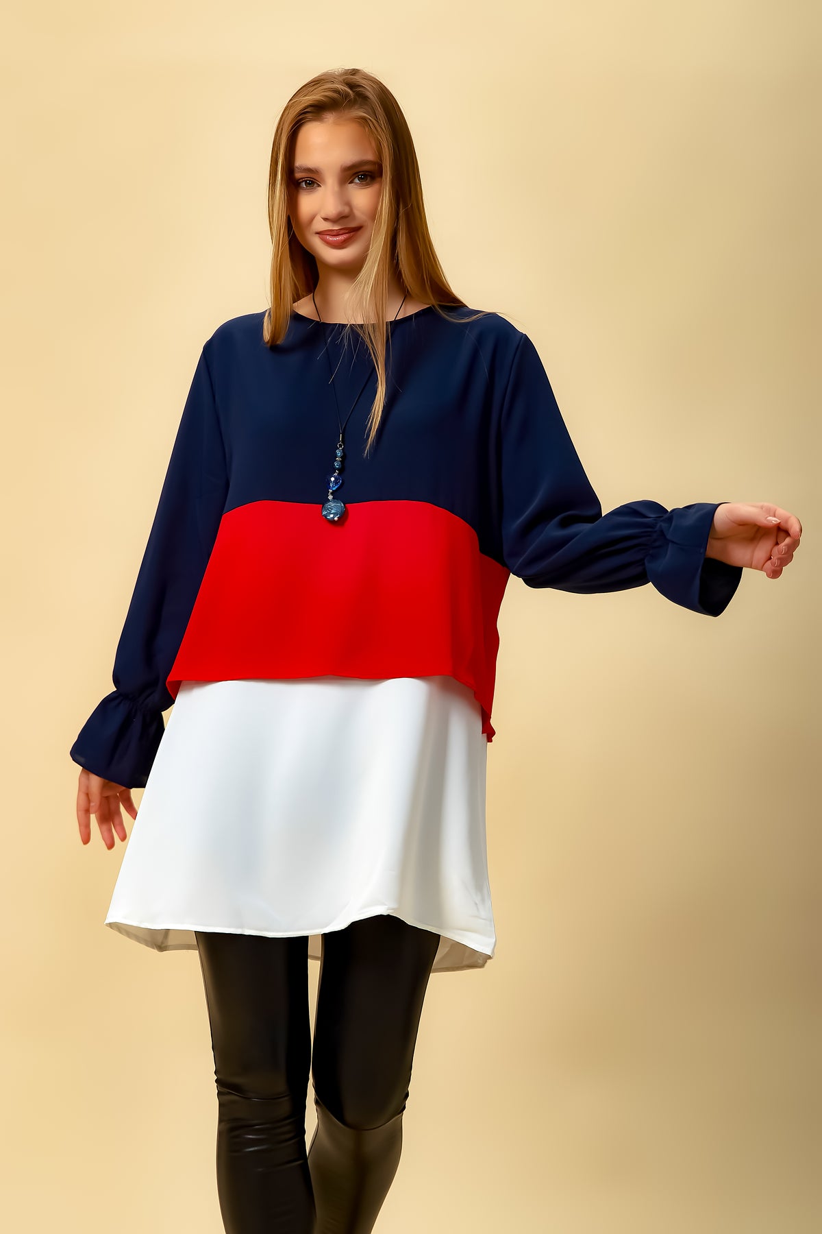 Oversized Colour Block Top in Navy, Red and White
