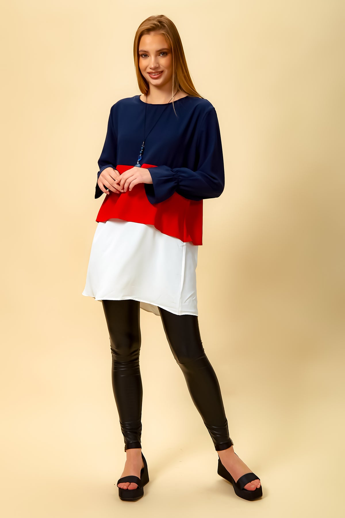 Oversized Colour Block Top in Navy, Red and White