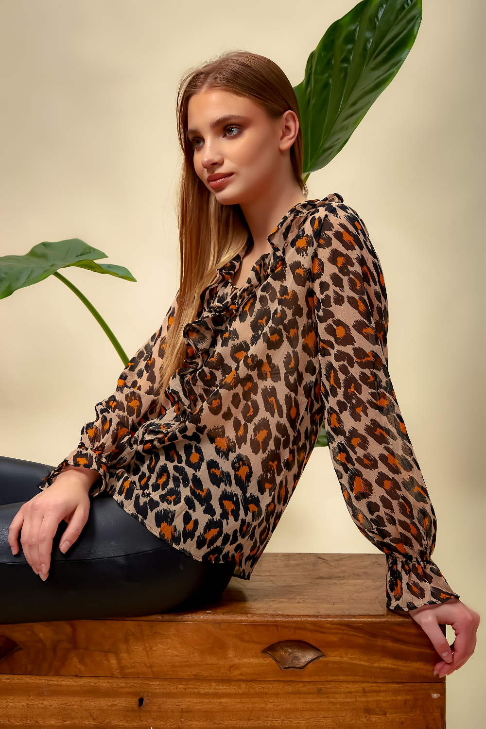 Long Sleeve Leopard Printed Oversize Top