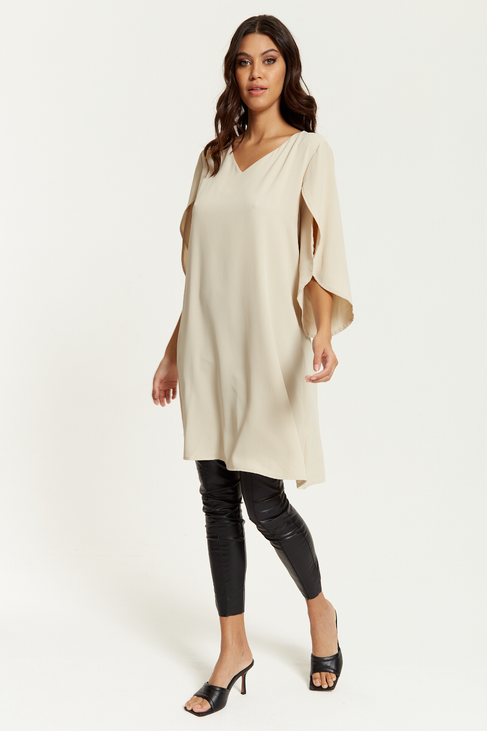 Oversized V Neck Tunic with Split Sleeves in Beige