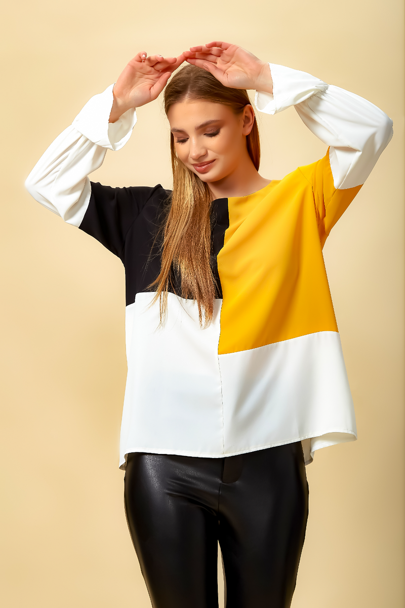 Oversized Colour Block Top in Black, Yellow and White