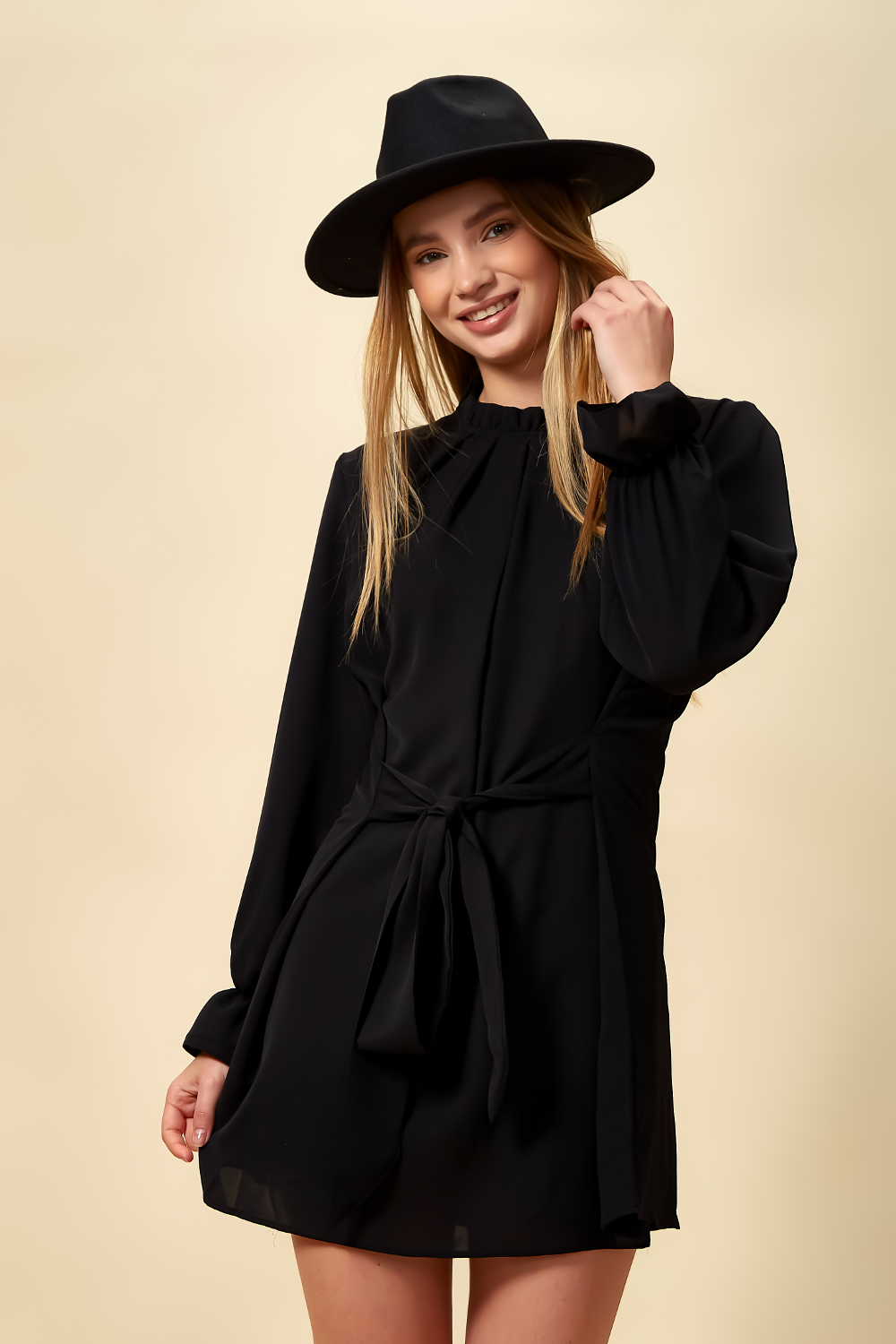 Tie Ruffle Neck with Tie Waist Detailed Top in Black