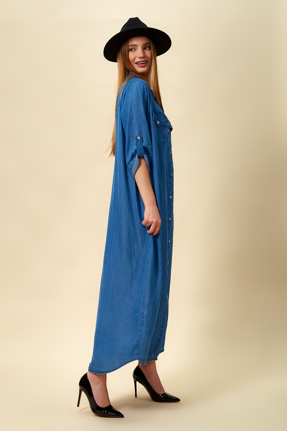 Denim Maxi Dress with Pocket Details