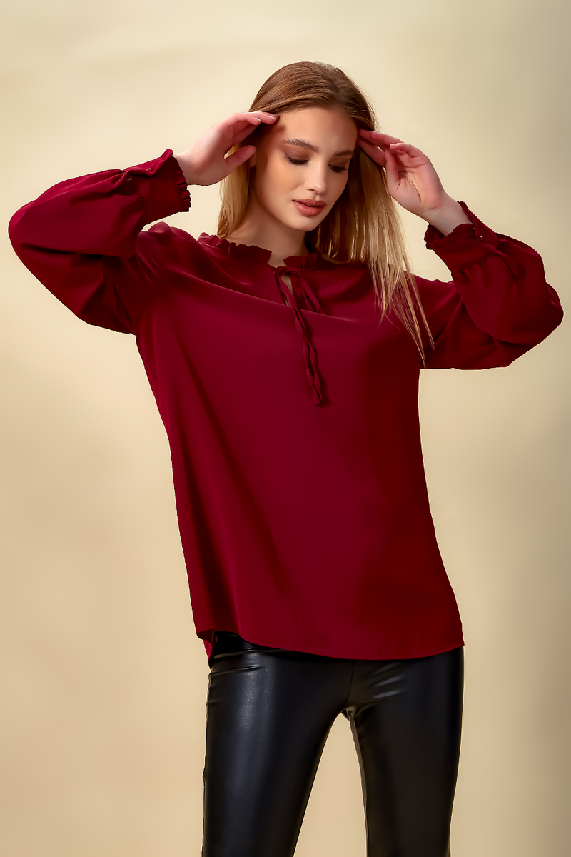 Oversized Tie Ruffle Neck Top in Burgundy